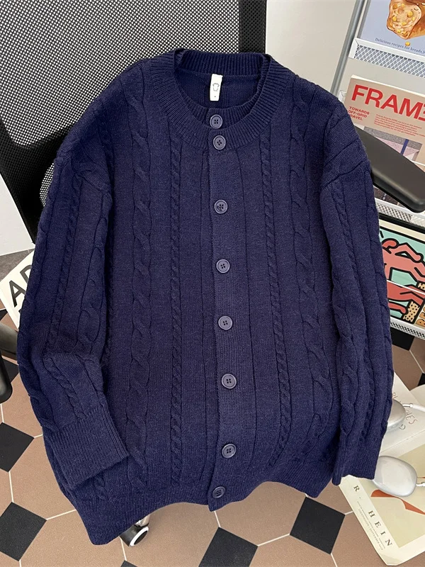 

Мужской повседневный вязаный кардиган с двойным воротником, узором «косы» и цветочным дизайном, весна-осень, плотный, в стиле «ленивый шик», для пар