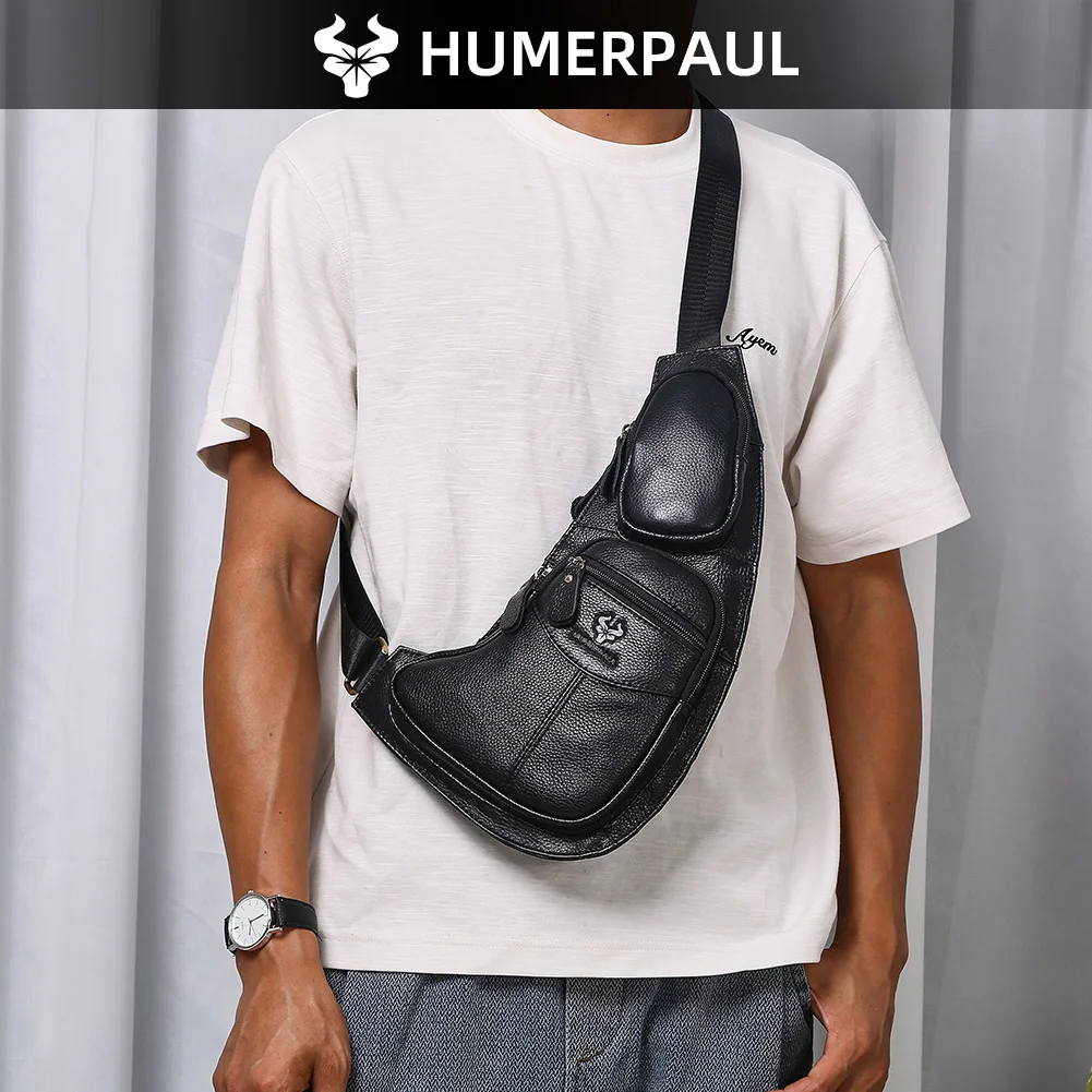 HUMERPAUL Men's Genuine Leather Chest Bag Trendy Sling Crossbody Waist Pack High-Quality Durable Outdoor Shoulder Bag