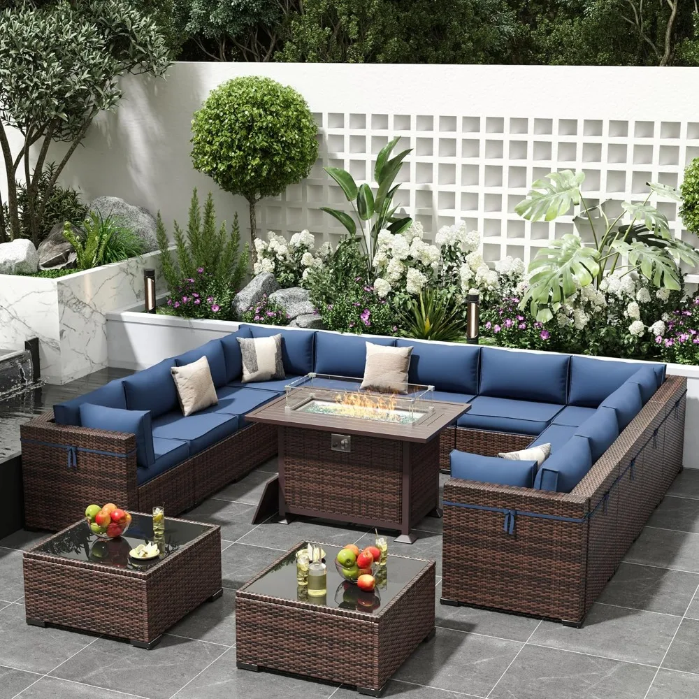 Outdoor Patio Furniture Set with Gas Fire Pit Table, 15 Pieces Patio PE Wicker Pit Sectional Sofa, 44