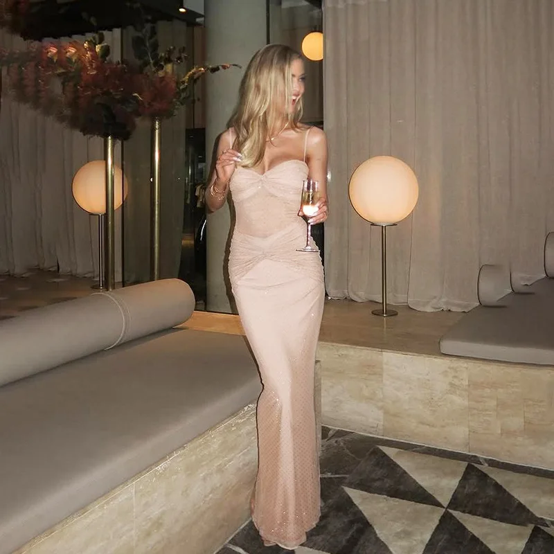 

Spring New Long Dress With Sexy And Slim Fit, Drip Molded Mesh Suspender Dress