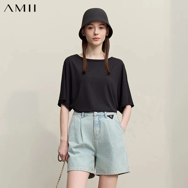 Amii Women's Summer Tee 2026 New Boat Neck Dolman Sleeve Loose Versatile T-Shirt Stretch Casual Knit Ladies Clothing 12622054
