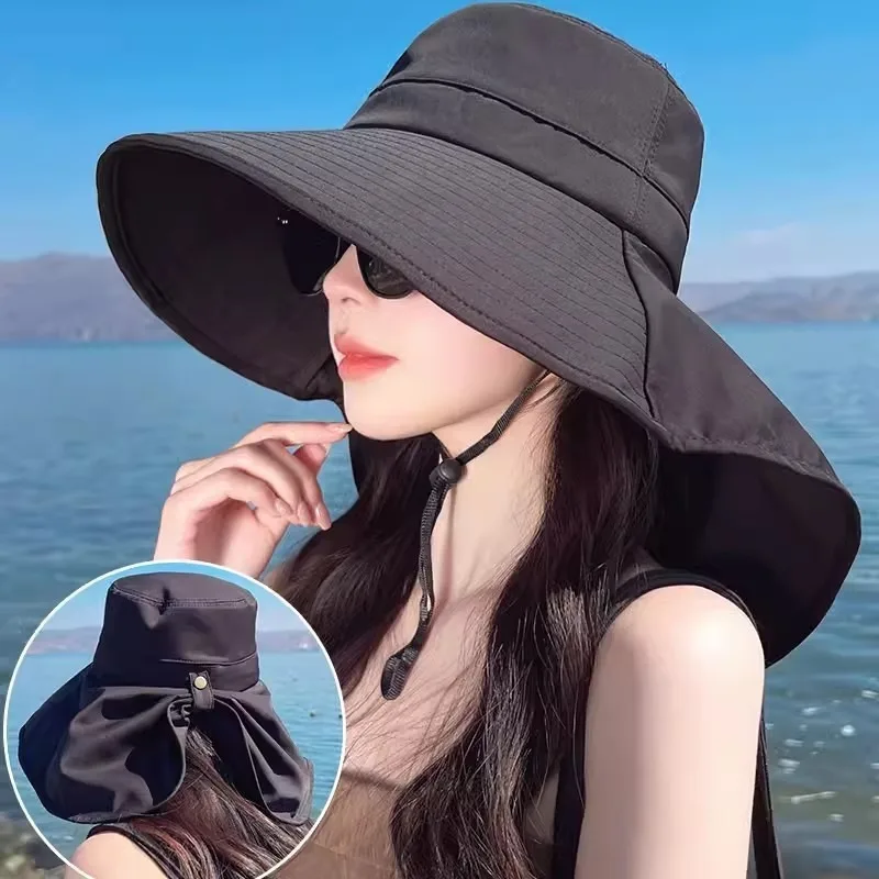 2024 Korean Women Summer Sun Hat Large Brim Neck Protection Sunshade Hats Cotton Solid Color Fisherman Cap Ladies Visors 모자