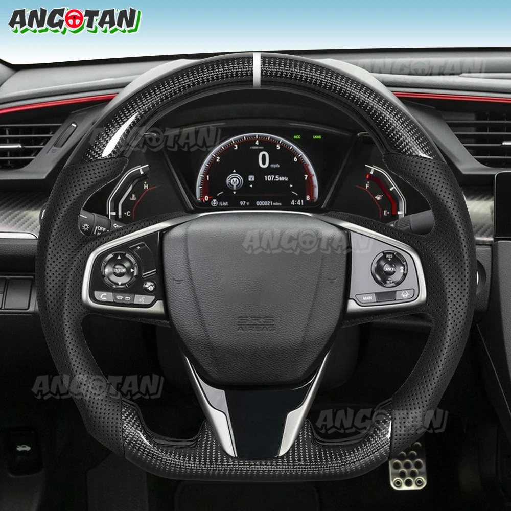 

Real Carbon Fiber Steering Wheel For heel Fit Honda Civic Type-R 2016-2020 Steering Wheel Perforated Leather D-Shape White Line
