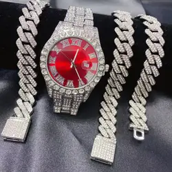 3PCS Men's Women's Hip Hop Calendar Red Dial Watch Necklace Bracelet Jewelry Set Bling Bling Gold Silver Diamond Man Cuban Chain