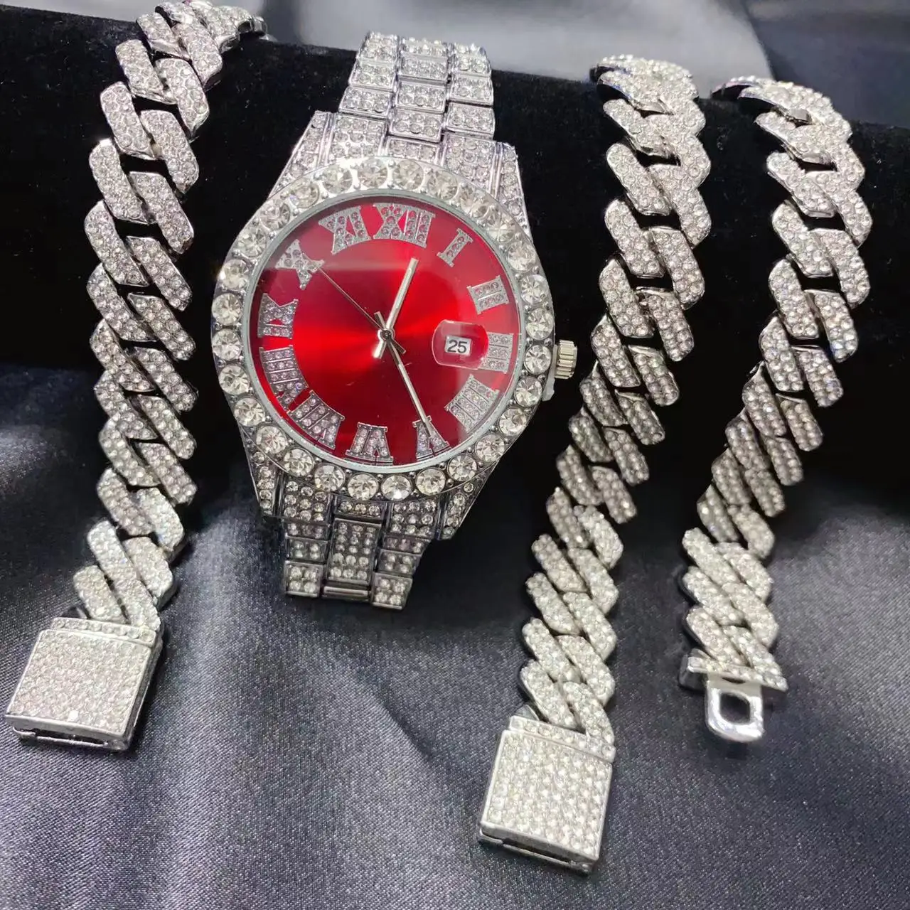 3PCS Men's Women's Hip Hop Calendar Red Dial Watch Necklace Bracelet Jewelry Set Bling Bling Gold Silver Diamond Man Cuban Chain
