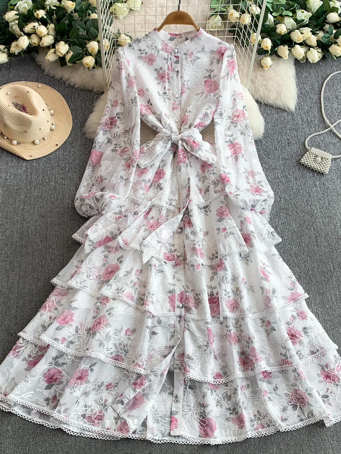 

Vaion Sle, милая молодежная тяжелая вышивка с принтом и воротником-стойкой, длинная све, женская юбка трапециевидной формы с кружевным подолом и высокой талией