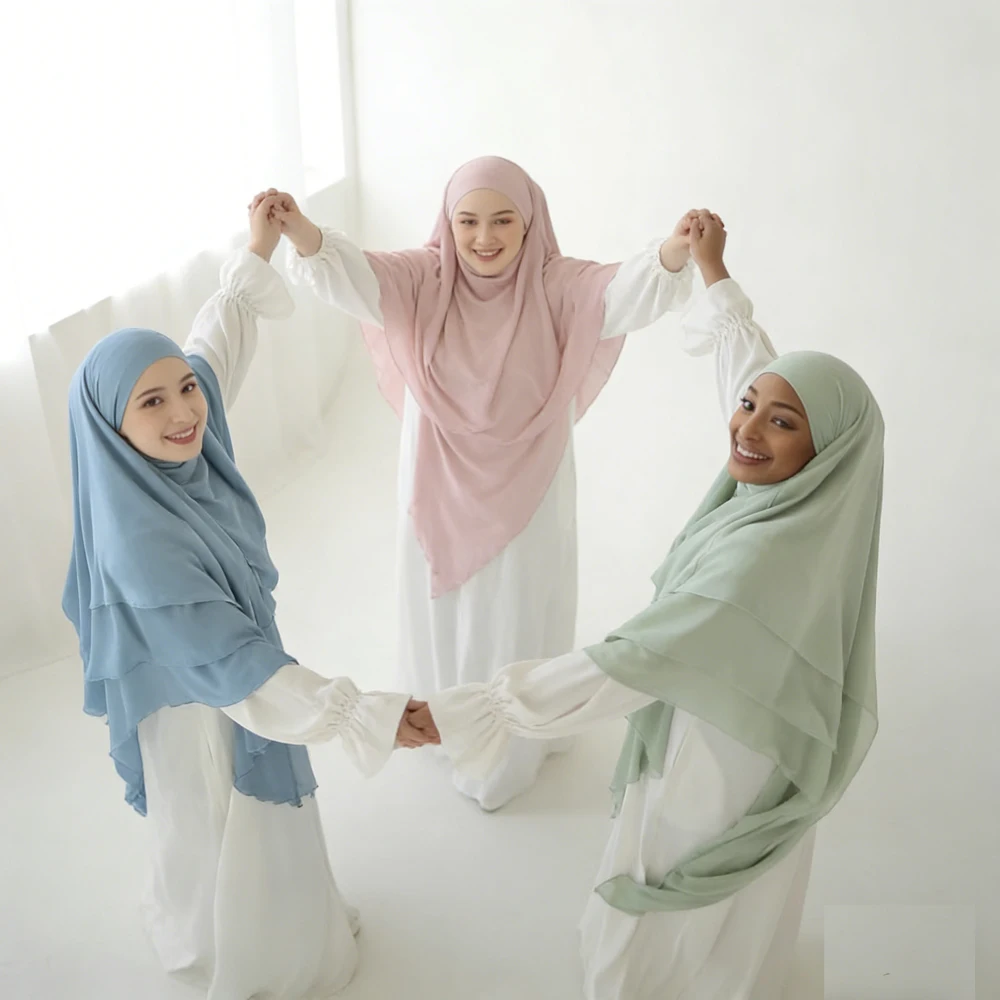 

Khimar Two Layer Crepe Double Layers High Quality Muslim Modest Fashion Prayer Long Hijab Wholesale Islamic Clothing Garment New