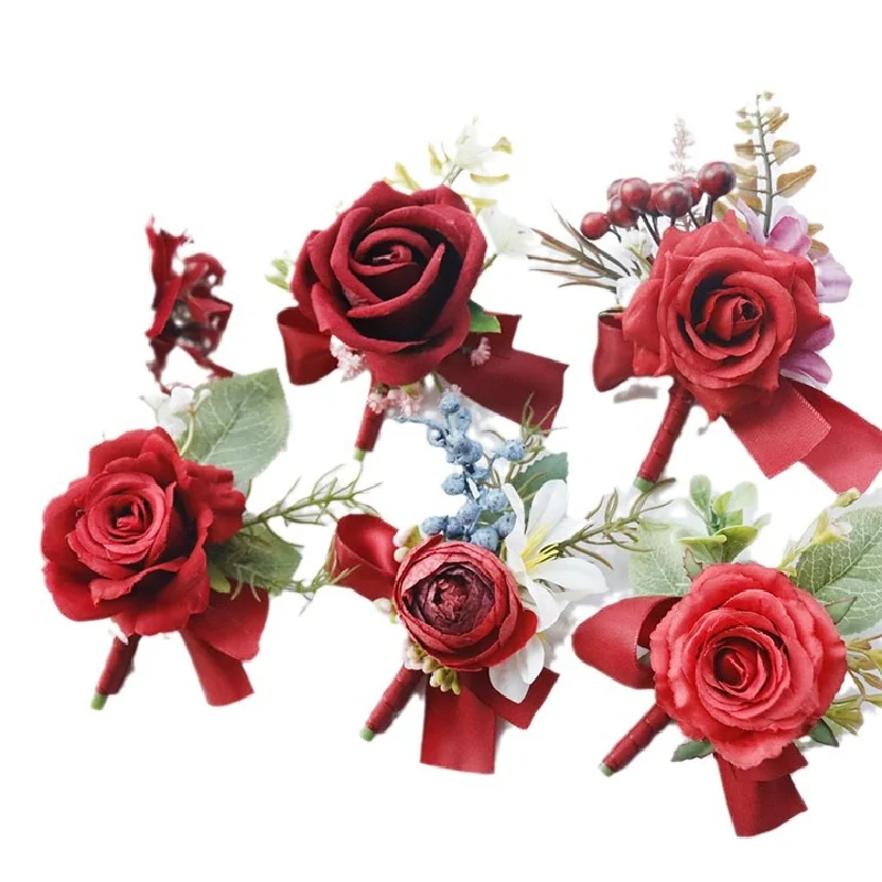 Boutonnière et Corsage de Poignet pour Mariée et Divin, Fournitures de Mariage, Art Floral, Ouverture Rouge Vin, 503