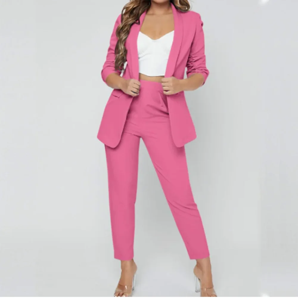 Elegant Rose Red Women Suit Shawl Lapel 2 Piece Jacket Pants Formal Fashion Chic Office Lady костюм женский أطقم بناطيل