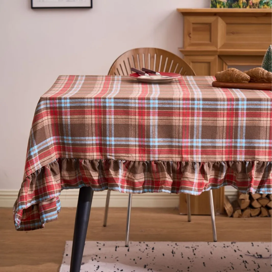 Black White Plaid Ruffles Tablecloth  Cotton Table Cloth Vintage Dining Table Cover For Home Party Birthday Christmas Decor