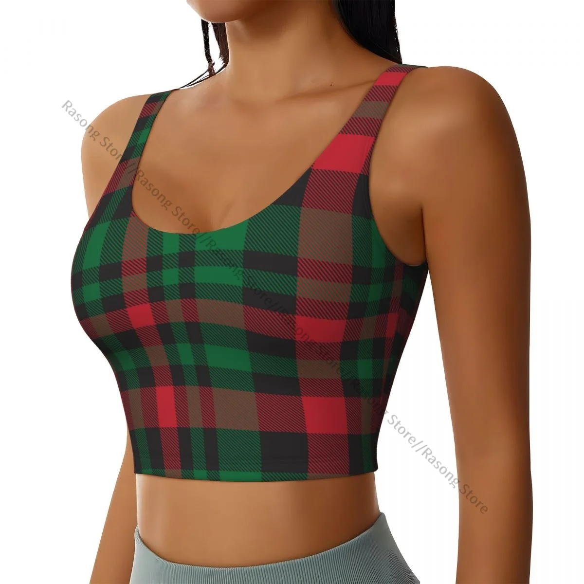 Sports Bra Women Running Yoga Clothes Vest Christmas Plaid Checkered Tartan Pattern Gathering Fitness Vest