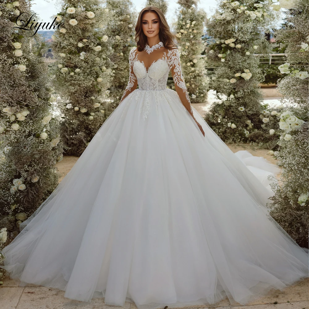 

Liyuke Elegant Silky Organza Ball Gown Wedding Dresses Beading Pearls Embroidery Applique High Collar Full Sleeves Bridal Skirts