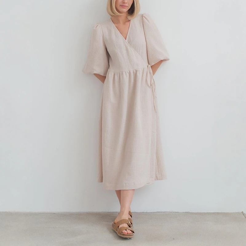 

Pure Color Long Dr V-ne Bubble ort Sve Belted Women's Sexy Casual Dr High Waist A-line Skirt Summer Faion