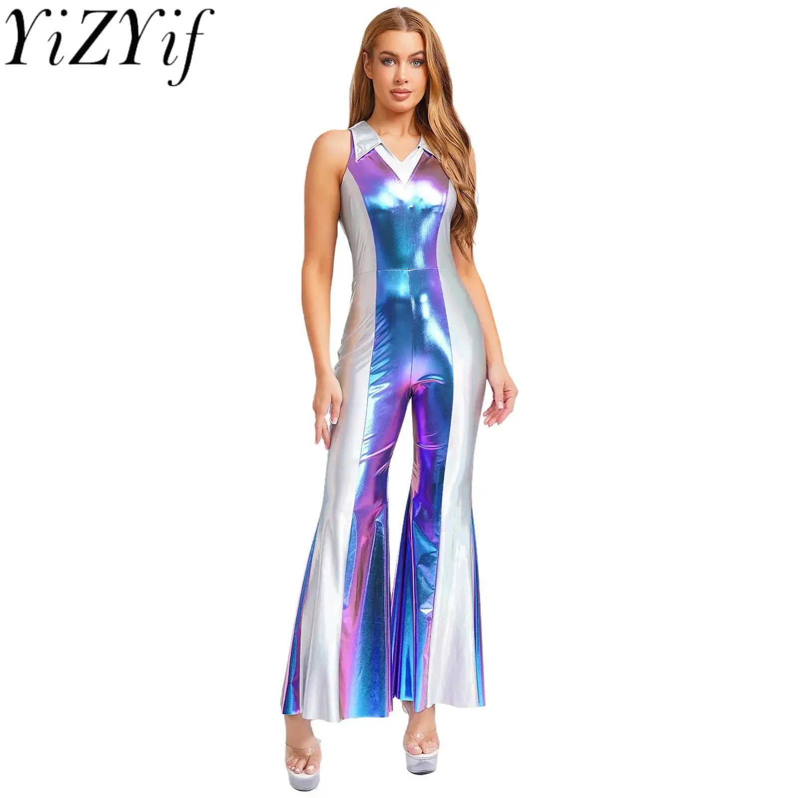 

Women Fashion Holographic Jumpsuit Sleeveless Flared Long Pants Jazz Disco Party Dance Costumes for Astronaut Halloween Cosplay