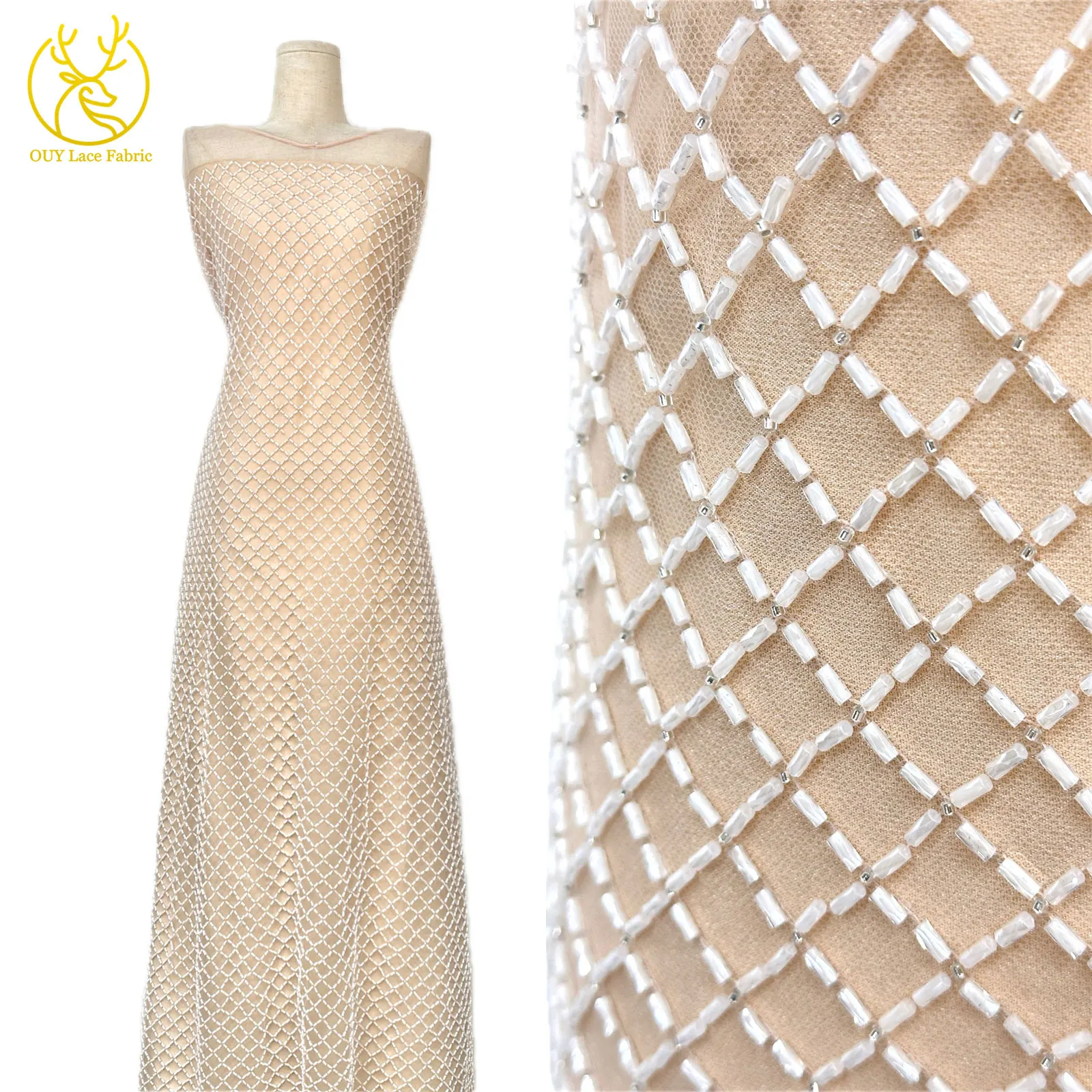 Luxuriöser französischer Perlenstickerei-Spitzenstoff 2026 – Französische Bugle-Perlen auf Mesh-Tüll-Spitze, nigerianisch, für Damen-Abendkleider, Nähmaterial, 5 Yards – Detail 5