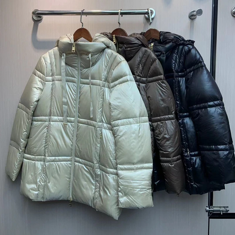 

Women's down jacket for autumn and winter 2025 new comfortable and casual large grid skin friendly warm long hooded jacket