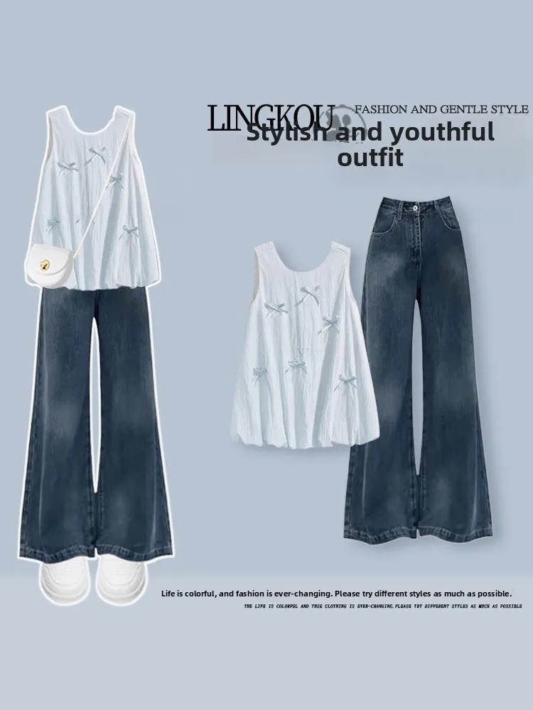 

Элегантный летний комплект для женщин больших размеров: джинсы с высокой талией и широкими штанинами, топ и брюки, модный набор из футболки и джинсов, стильный образ на любой возраст.