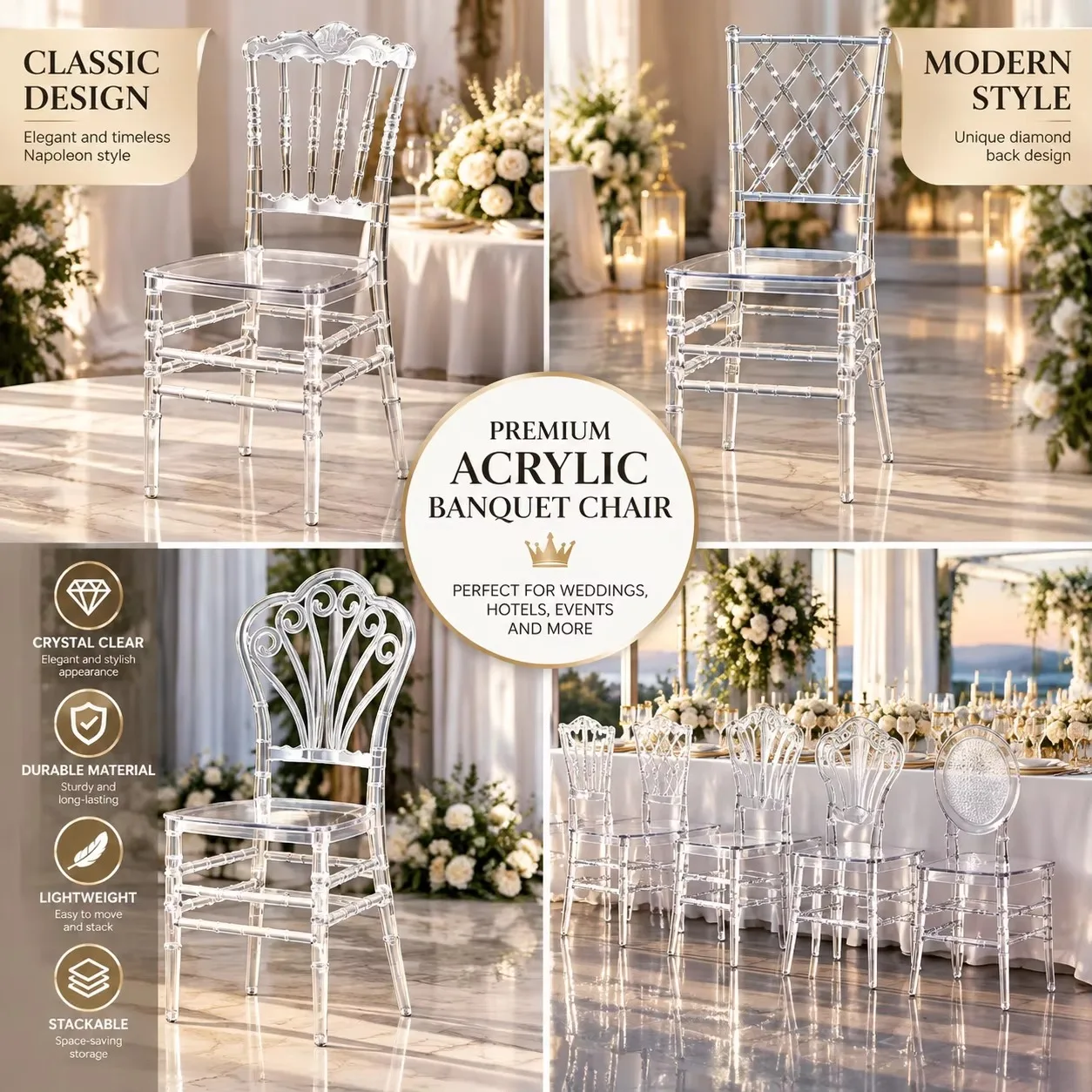 Transparent Acrylic Crystal Chair For Wedding Banquet Hotel Outdoor Event Durable Plastic Napoleon Style Clear Dining Seat