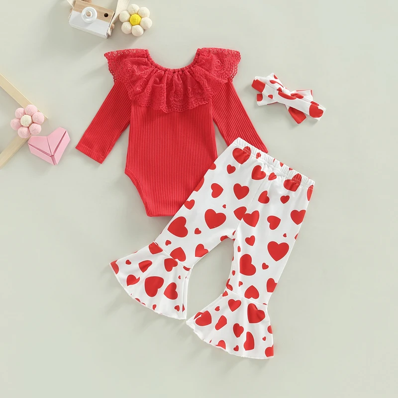 

Girls 3-Piece Outfit Set Floral Print Ruffle Sleeve Top High-Waisted Flare Pants Matching Headband for Toddlers