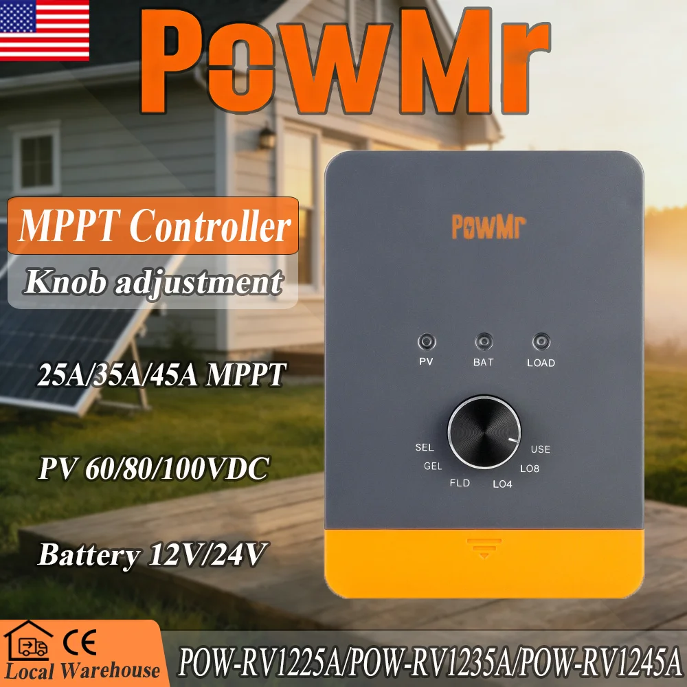 Regolatore di Carica Solare MPPT PowMr per lo Store EU, 12V/24V Auto, 100V PV 25A/35A/45A, con Manopola Rotante Semplice per Batterie Tipo SEL GEL FLD LiFePO4, Ricarica a 3 Fasi, Monitoraggio Remoto