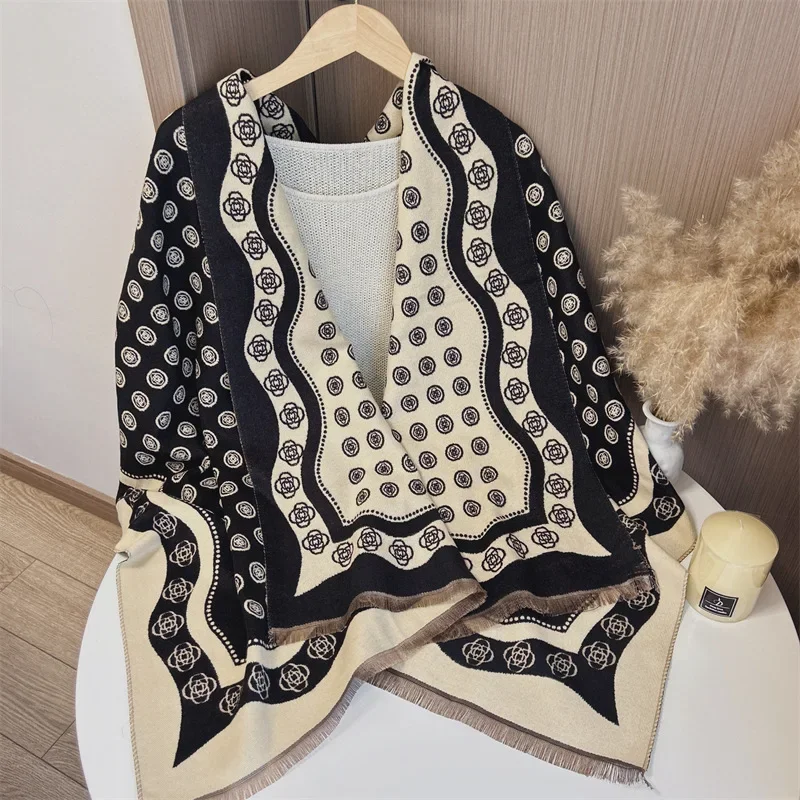 

Winter polka dot camellia age-reducing scarf shawl double-sided printing imitation cashmere scarf high-end scarf multi-function