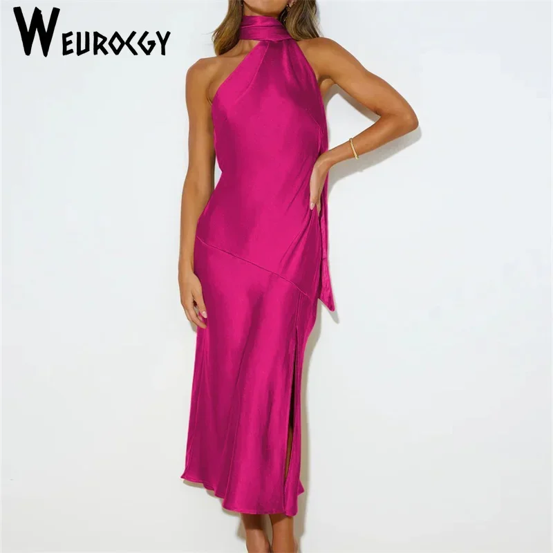 2023 Summer Women Party Dress Fashion French Elegant Long Satin Backless Solid Color Fashion Sleeveless Sweet Evening Dress