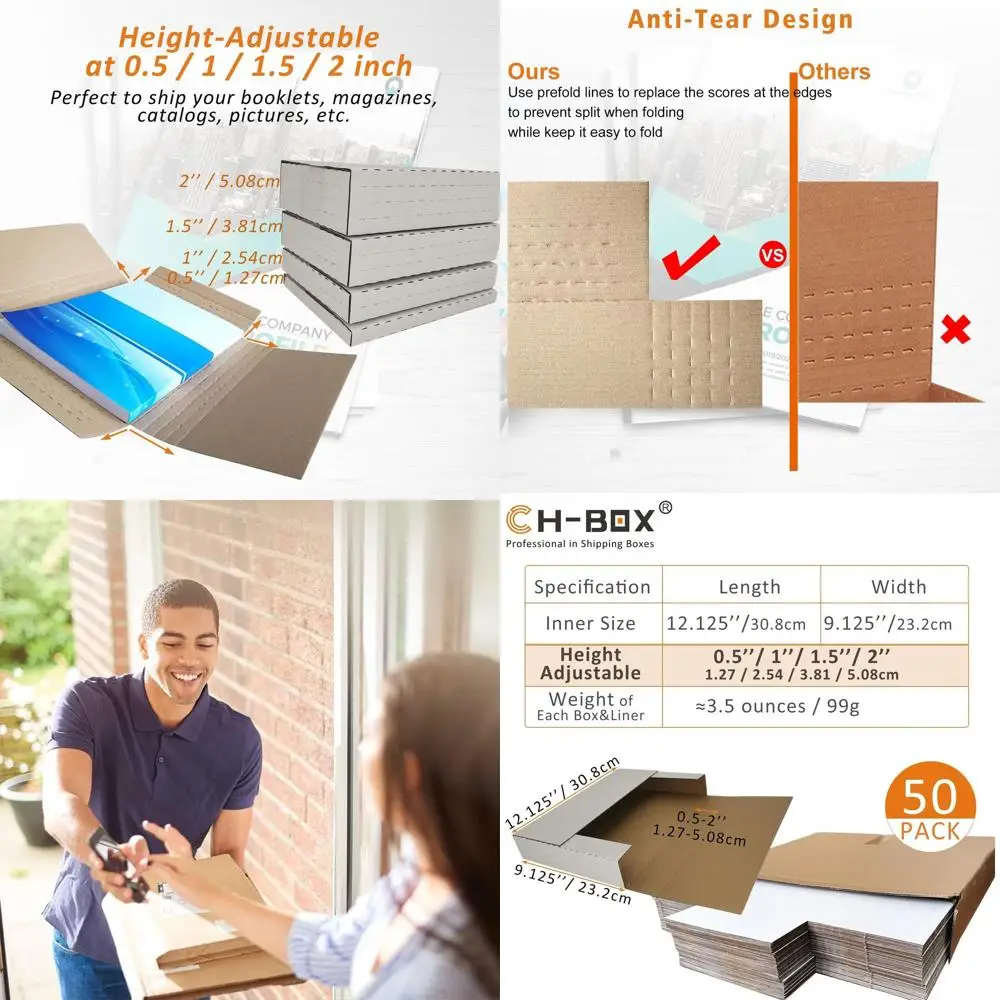 

50 Pack Adjustable Height White Corrugated Mailers, 12-1/8 x 9-1/8 x 2