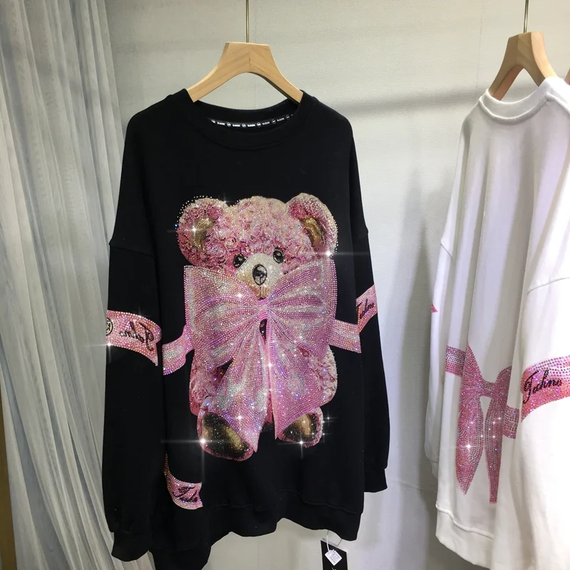 Plus Size Sweatshirt Kawaii Bear Bow Tie Diamonds Stamping Sweet Cute Casual All-match Women's Sweatshirt Autumn Winter New Tops