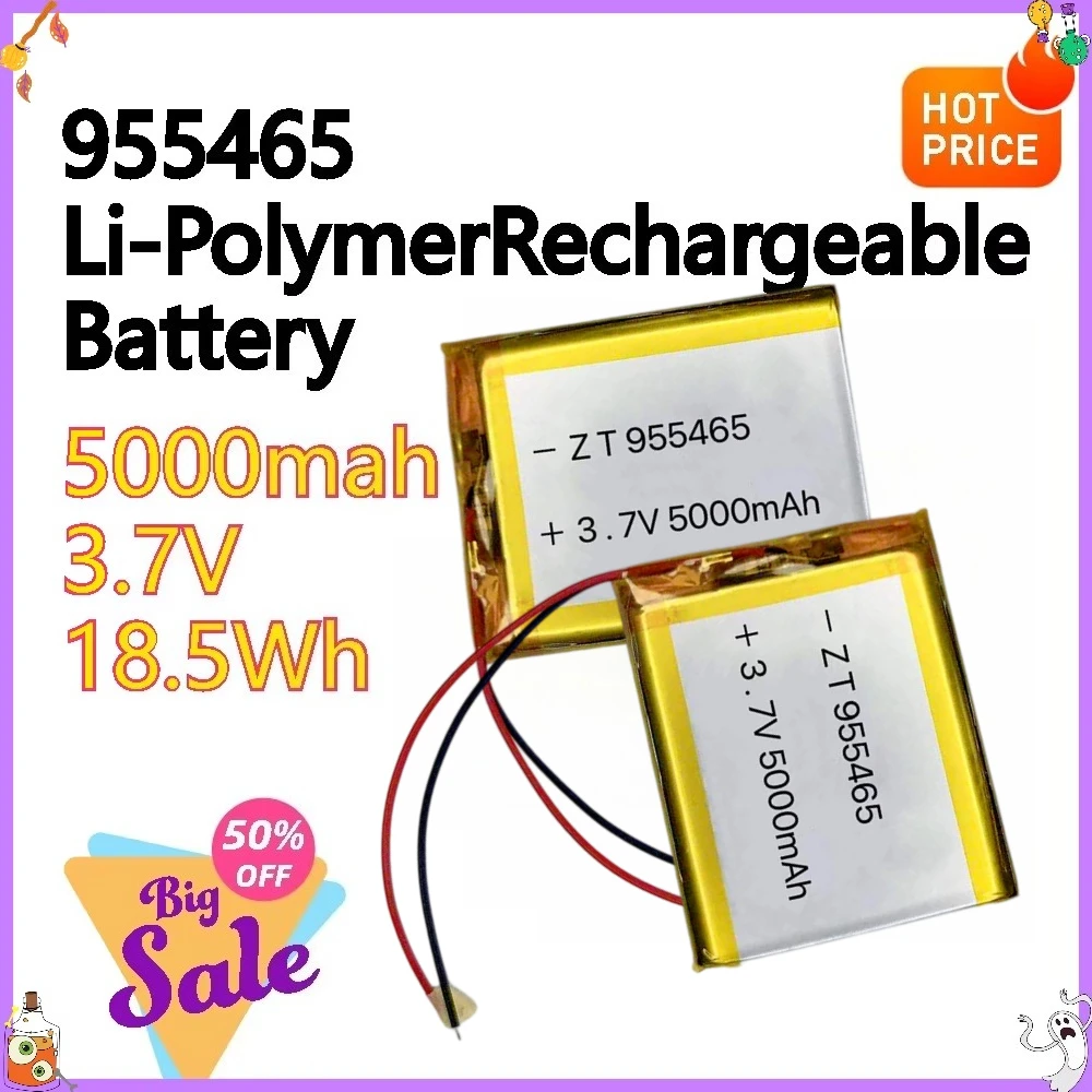 955465 3.7V 5000mAh 18.5Wh Li-Polymer Rechargeable Lipo Battery Compatible 955565 105565 for Portable DVR Dash Cam GPS PSP PDA