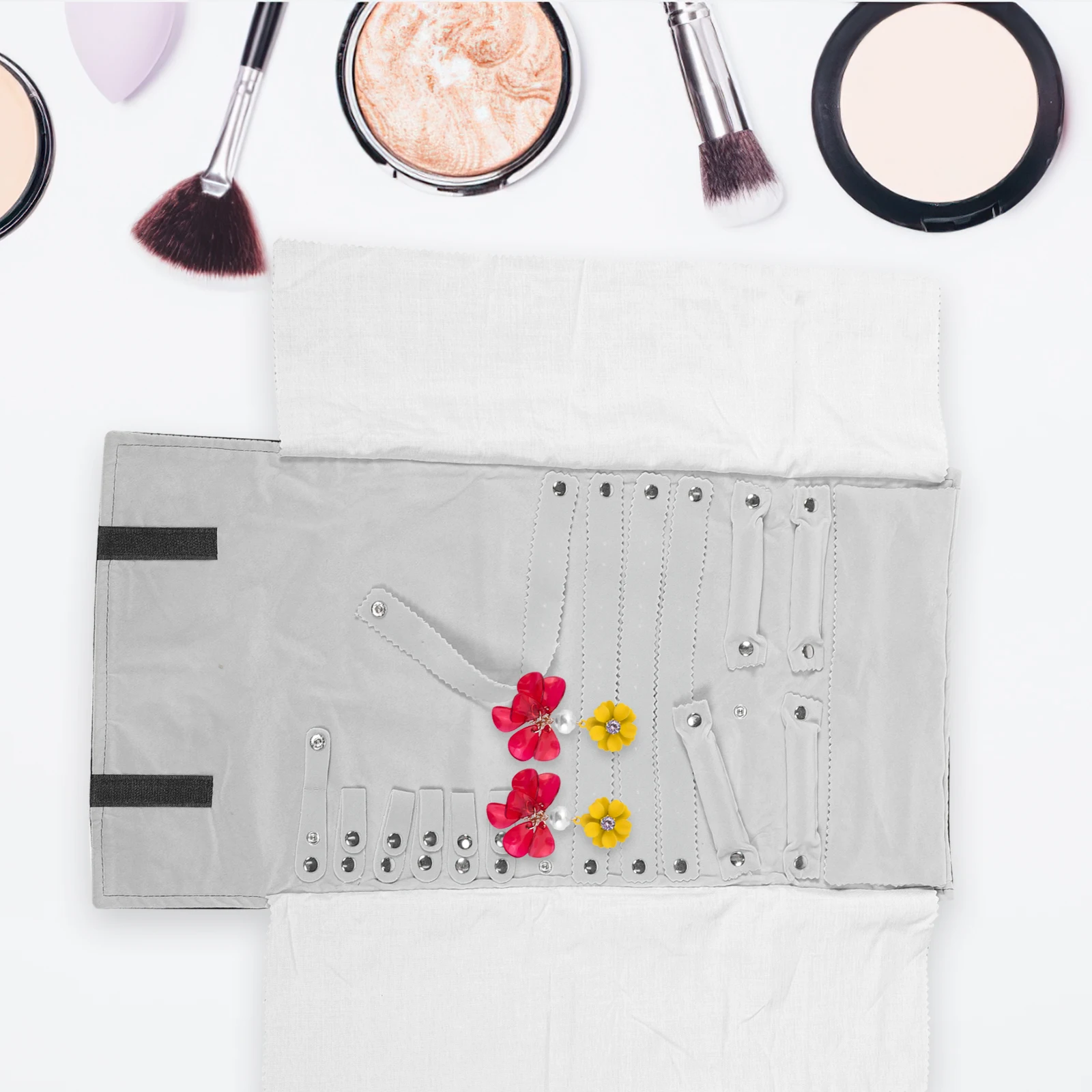 

Jewelry Roll Bag Necklace Earrings Storage Travel Case 12 Rings Pairs Grey Velvet Lightweight Organizer Bracelet Holder Jewelry