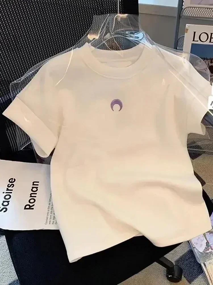 

Женская футболка с коротким рукавом и принтом «Белая луна», летняя повседневная футболка с круглым вырезом, базовая футболка, модный универсальный топ