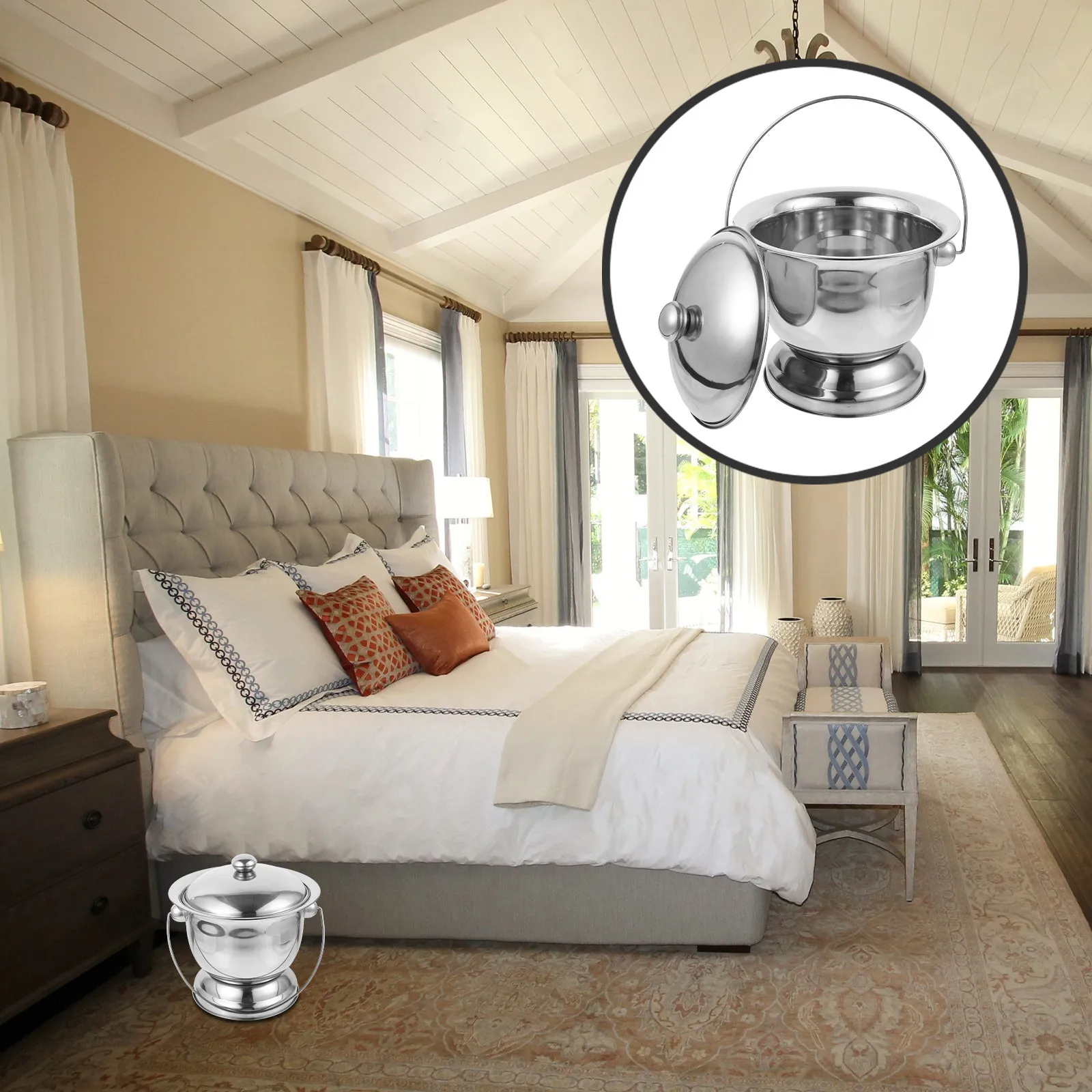 

1 Set Stainless Steel Spittoon Portable Chamber Pot Urinal Pot Lid Portable Odor Sealed Bedside Metal Spittoon Urinal