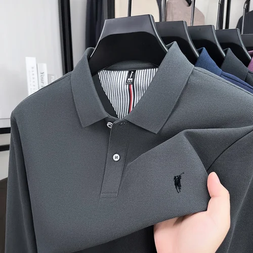 Imagen 2 del producto 100% puro algodón de gama alta primavera y otoño nueva camisa polo Shuma informal de manga larga para hombre top bordado de marca de tendencia exquisita