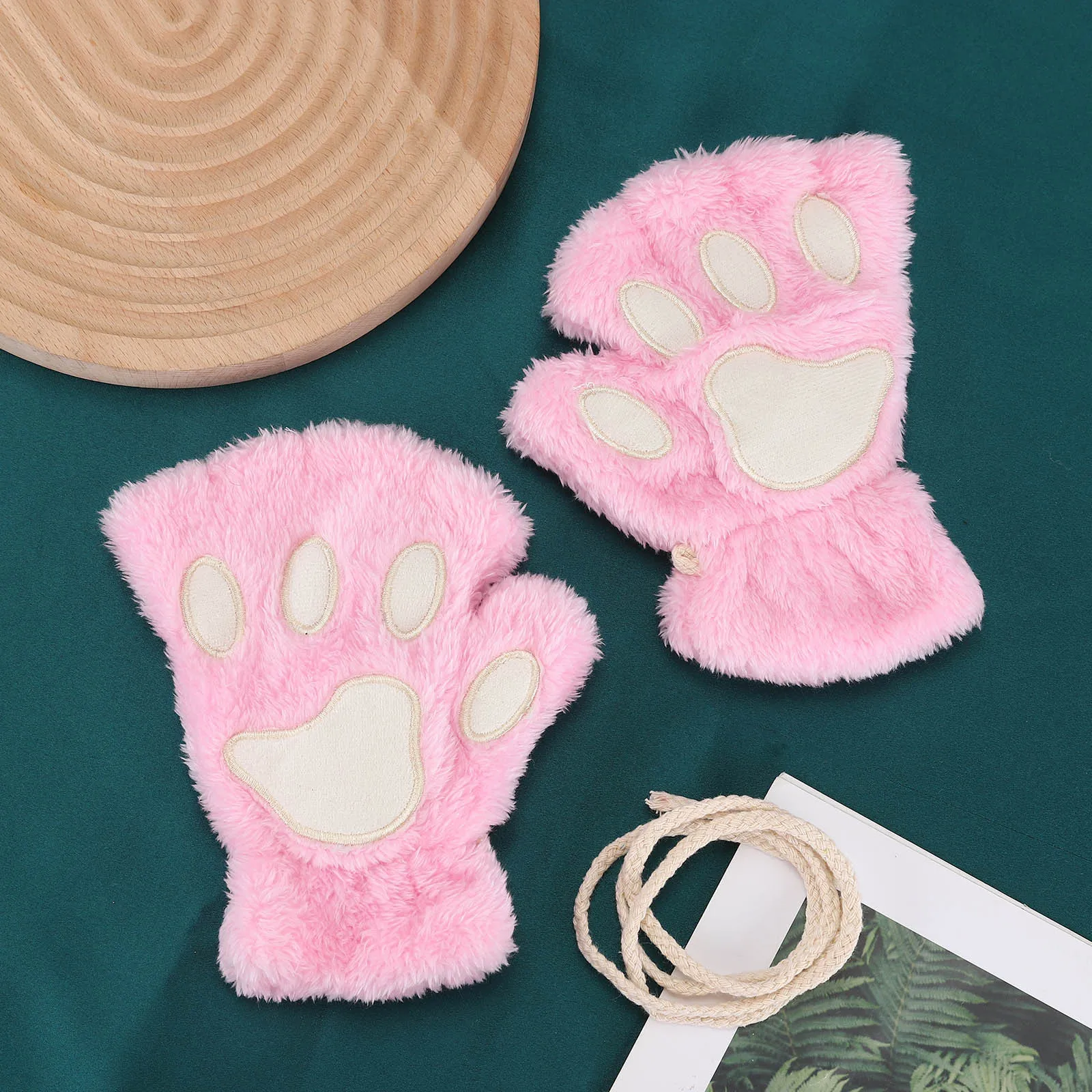 Guantes de garra de Pata de Gato de felpa de oso encantador para mujer, mitones sin dedos para mujer, regalos de Navidad y Halloween, moda de niña,