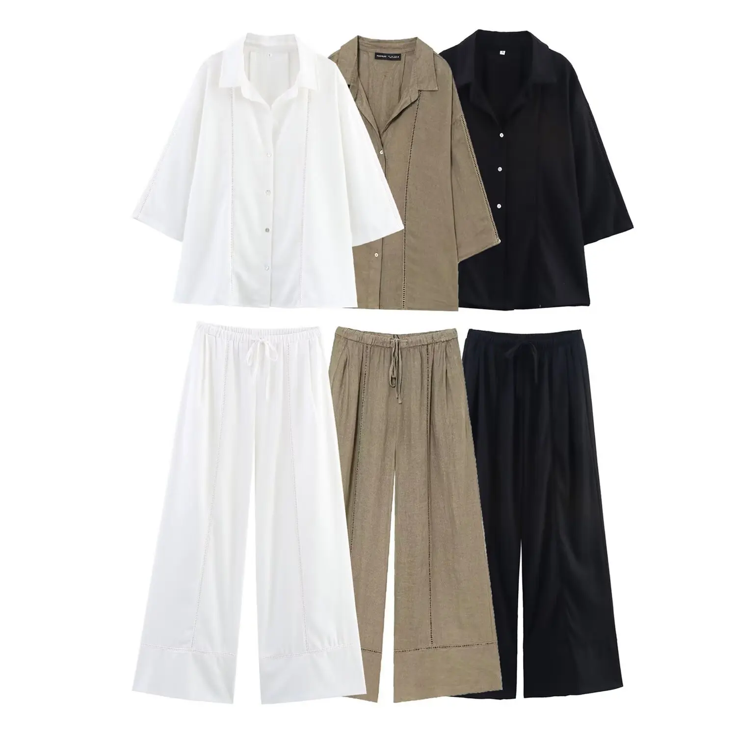 

2025 Autumn New Women's Linen Long Sleeved V-neck Casual Shirt and Linen Mid Waist Wide Leg Pants