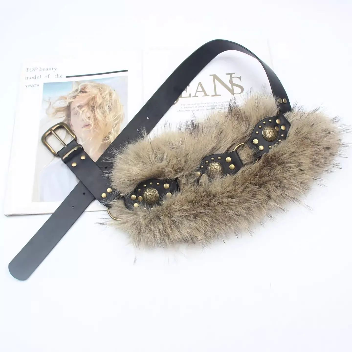 Women's Faux Fur PU Leather Corset Female Cummerbund Coat Waistband Dress Decration Wide Belt J1577
