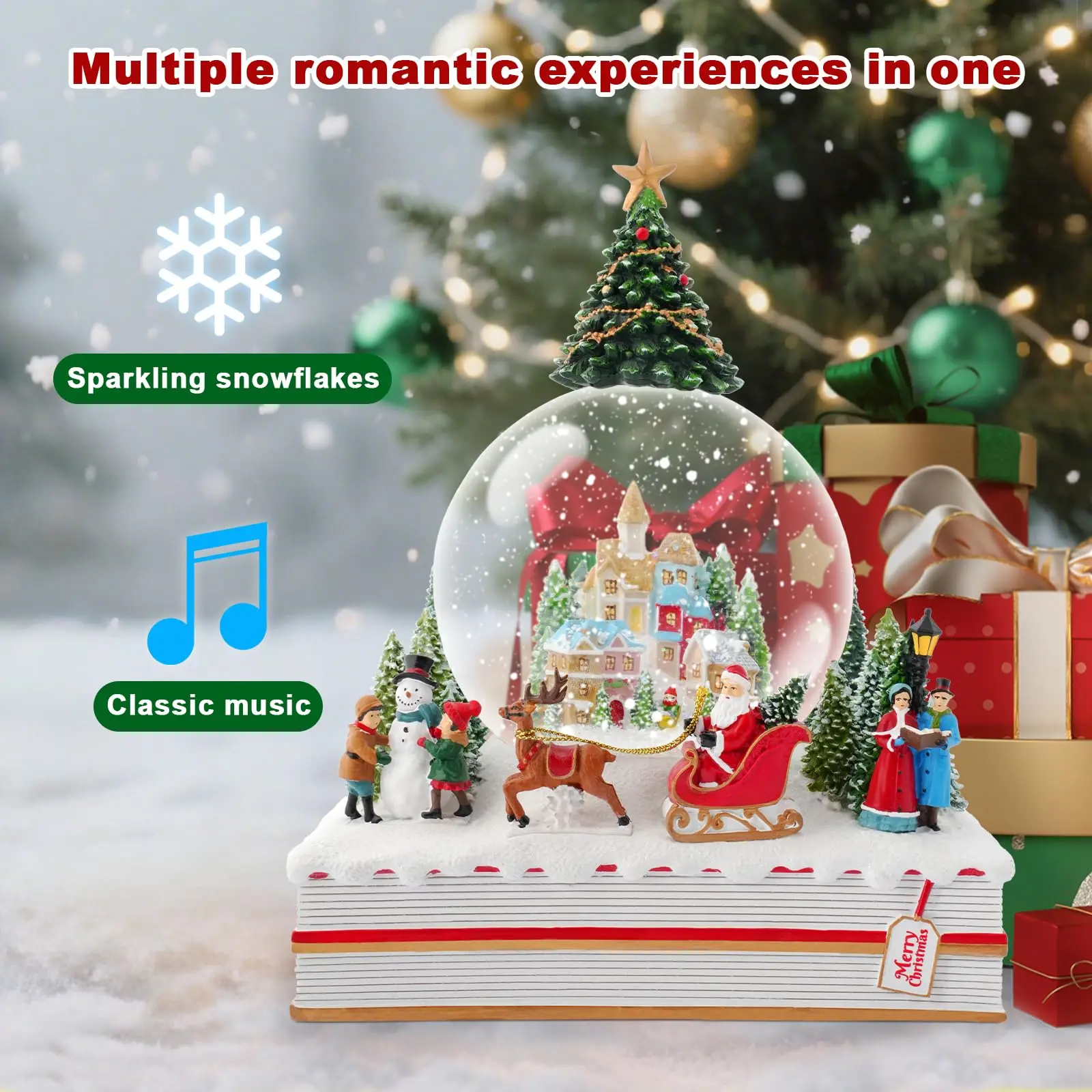 

Musical Bible Pedestal Crystal Ball Christmas Winter Scene with Church, Carriage, Snowman Gift Idea