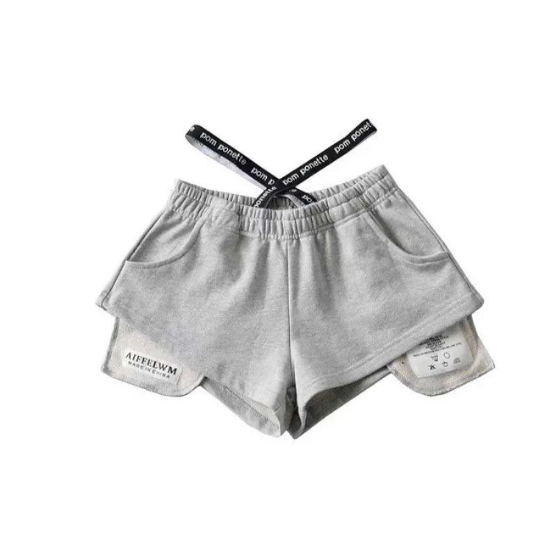 Summer New Labeled Sports Shorts for Women Ins Trendy Loose High Waisted Running Hot Pants Hottie Cross Strap Design Streetwear