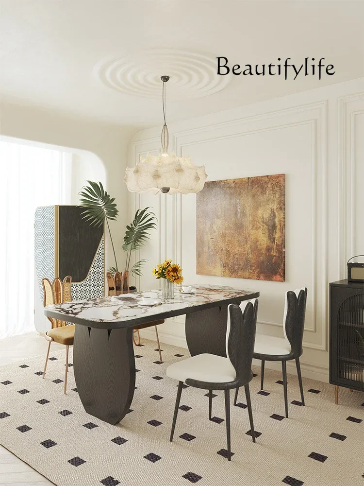 

Rock slab dining table and chair combination French retro style all solid wood high-end simple rectangular dining table