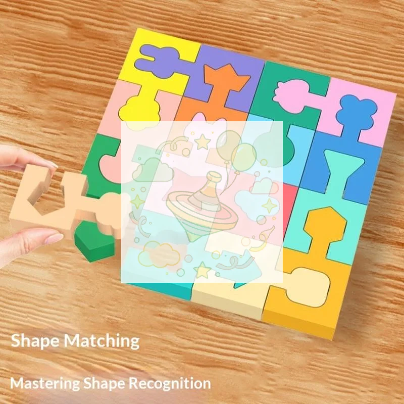 Wooden Puzzles Geometric Shape Matching Toy 16 Pcs Jigsaw Puzzle for Kids Boys Girls Learning Home School Kindergarten Educatio