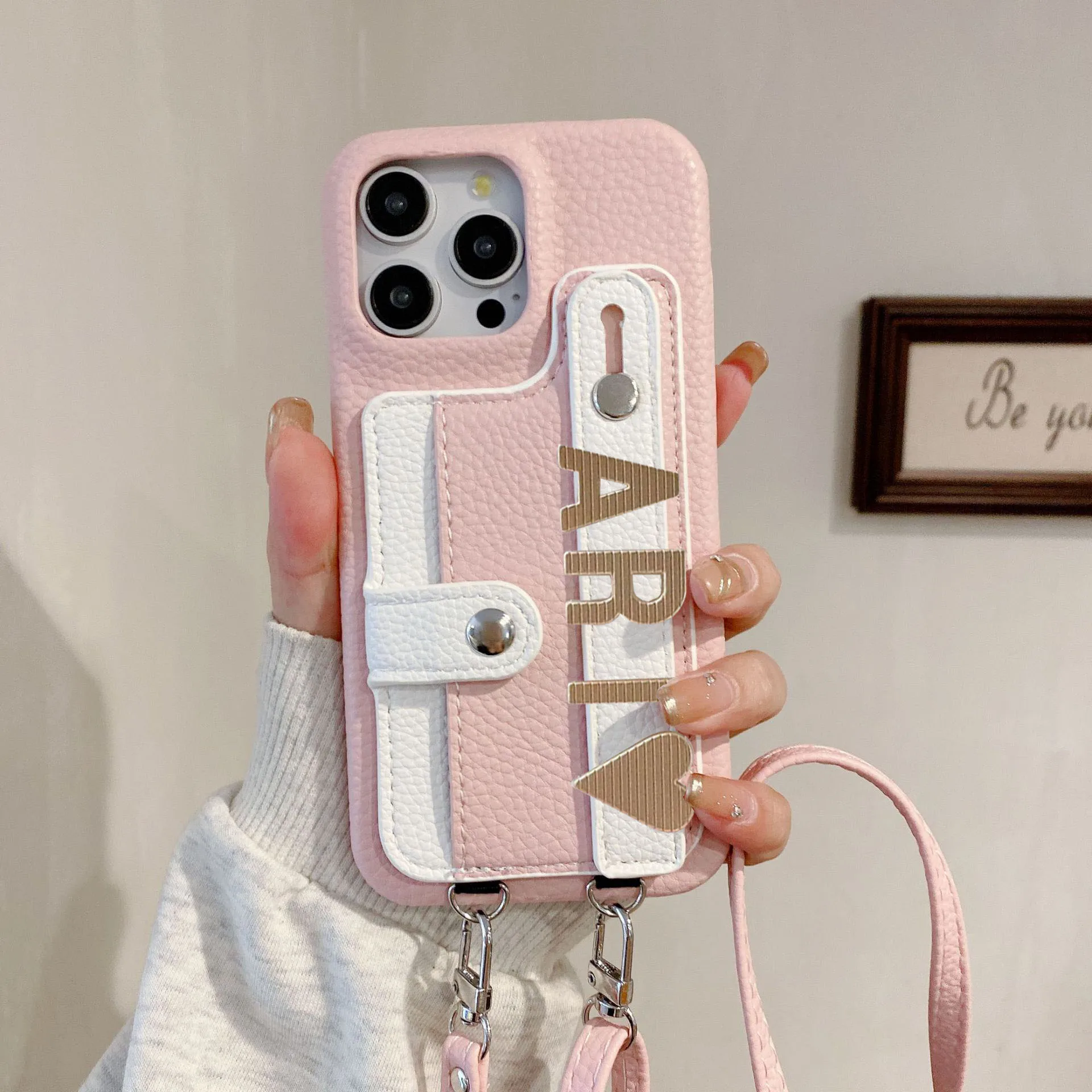 

Customized name letter wristband stand full diamond leather Phone case for iPhone16 15 14 13 12Promax crossbody lanyard Cover