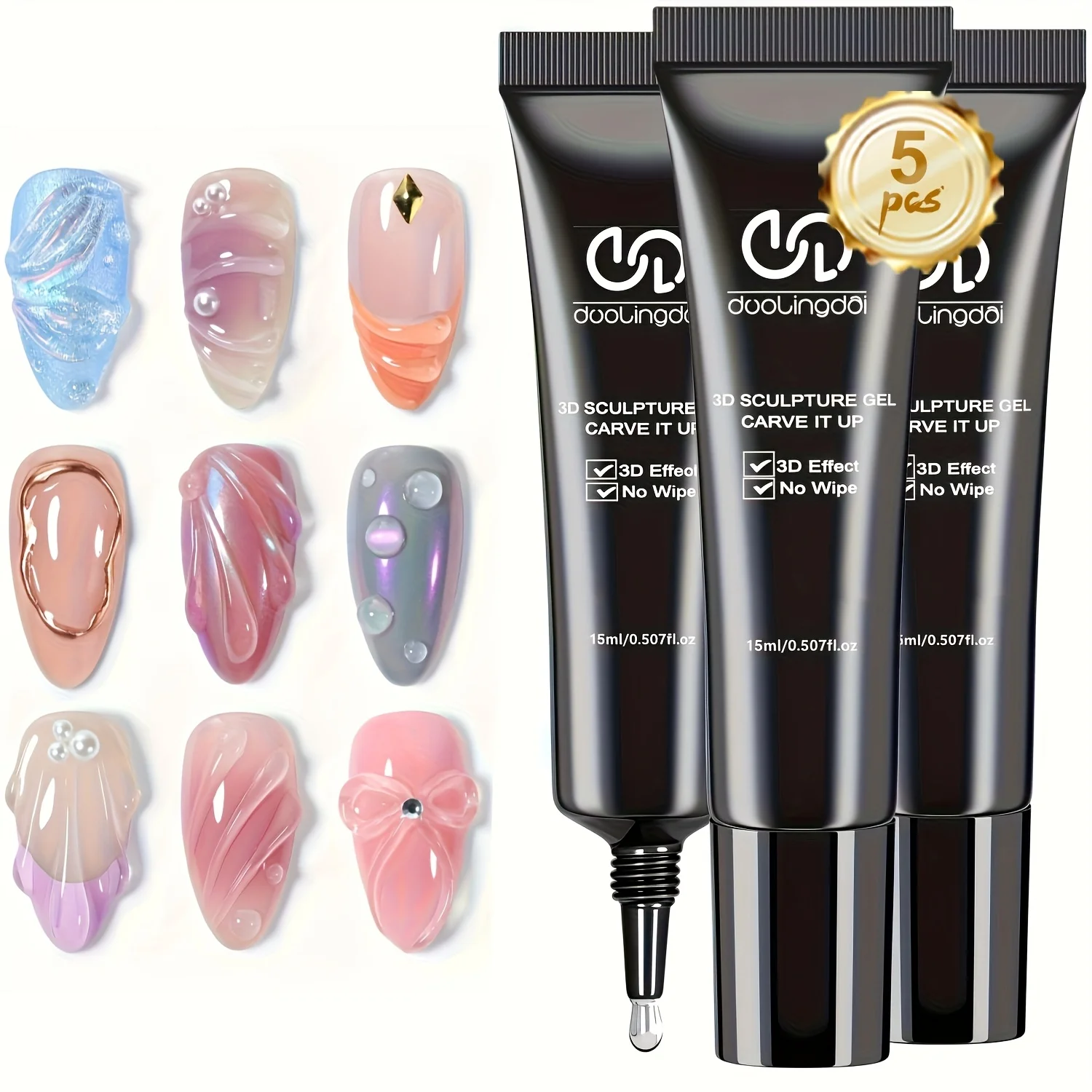 

Set of 5 Sculpting Gel for 3D for nail Art - 3-In-1 Clear No Wipe for nail Polish, Rhinestone for Nail Gems And Diamond