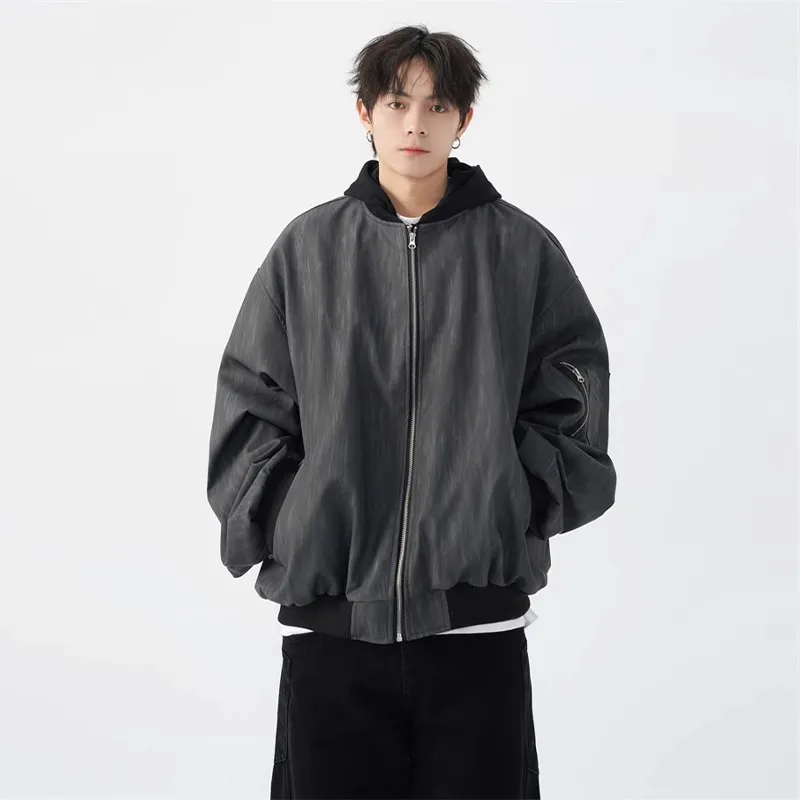 American Retro Baseball Men, Loose Casual Short Hooded Leather Design Texture Jacket For Spring And Autumn