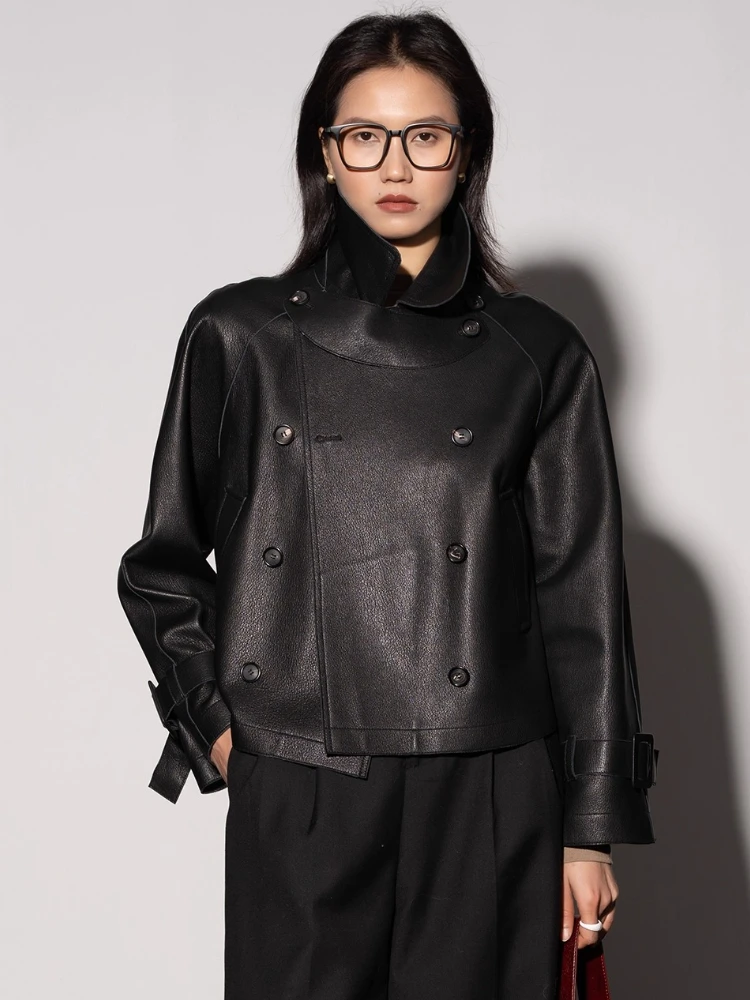 

Casual Genuine Leather Motorcycle Jackets for Women Spring Autumn High-end Simple Lychee Textured Soft Black Real Sheepskin Coat