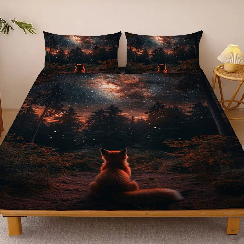 Forest Fox Gazing at the Stars Bed Sheet Mattress Protector Breathable Polyester Material (Includes 1 Fitted Sheet + 2 Pillowcases) Mattress Protector Fitted Elastic Style Protective Cover Mattress Protector, Fitted Bedding Set Christmas Themed Bedding Baby Bedding Suitable for Nursery Room