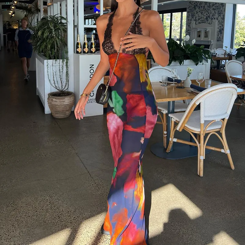 ชุดเดรสยาวลายพิมพ์ลูกไม้คอวีลึก สายเดี่ยว แฟชั่นฤดูร้อนสำหรับผู้หญิง เอวสูง ทรงเอ