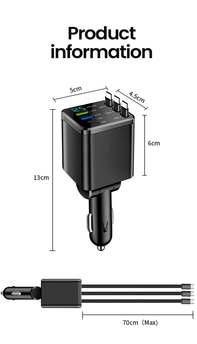 Typ-C Handy-Autoladegerät 7-in-1 mit Erweiterungskabel, Dual-Port USBPD Schnellladegerät für Zigarettenanzünder im Auto – Detail 13
