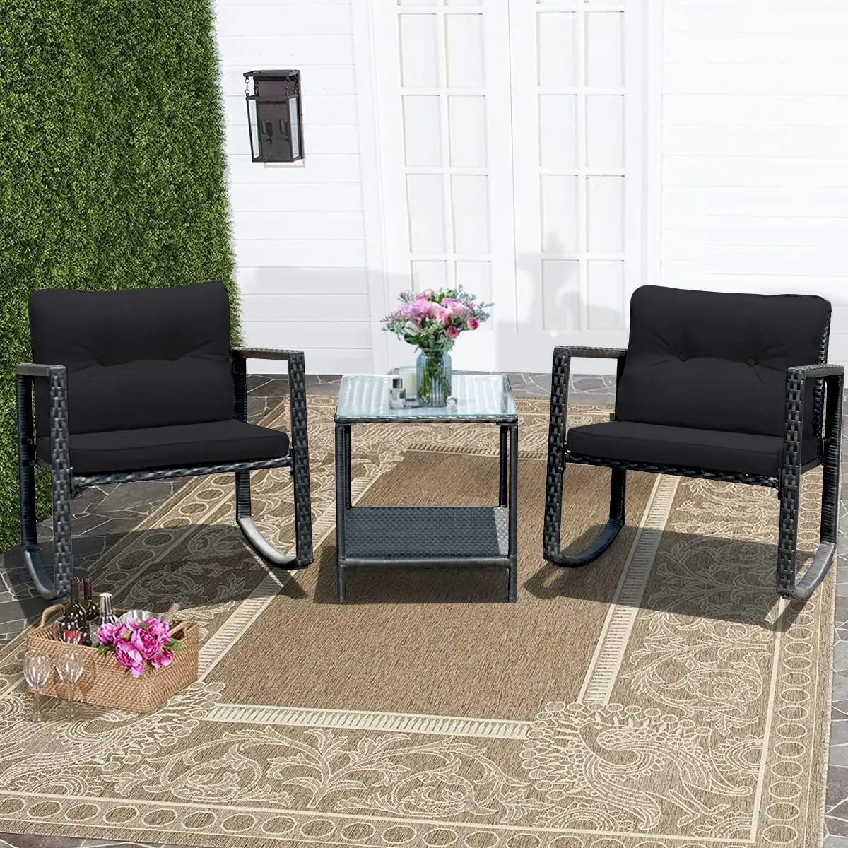 3 Pieces Patio Wicker Rocking Bistro Set w/Cushioned Seat, Conversation Set w/Coffee Table and Storage Shelf