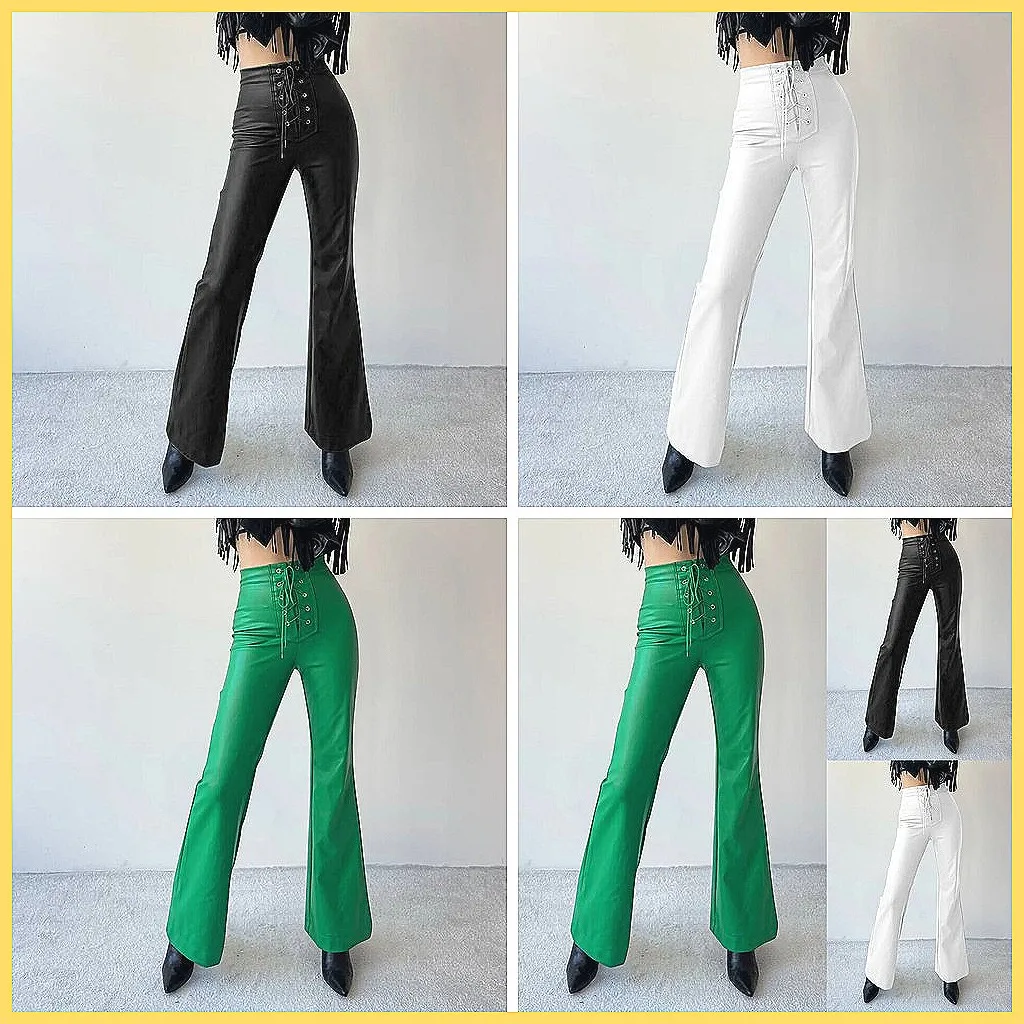 

Vintage 2025 High Waist Leather Pants for Women, Slim Fit Flare Trousers, Elegant Streetwear (68 characters)