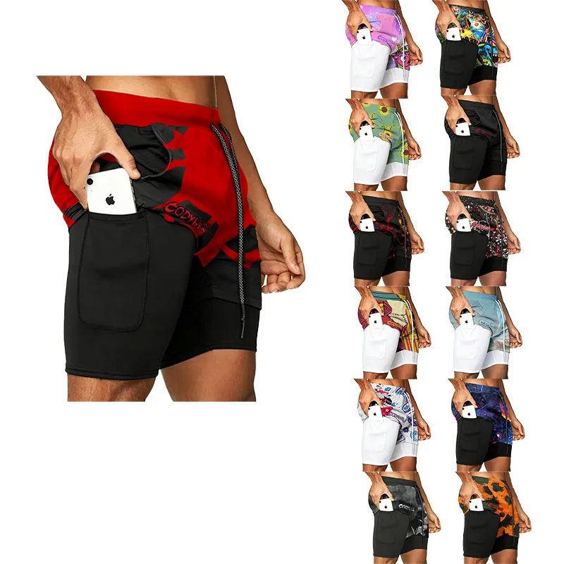 Men Red Black Flame Warrior Totem Sublimated 2‑in‑1 Fight Shorts Stretch Compression Liner For BJJ MMA Sparring Gym Training